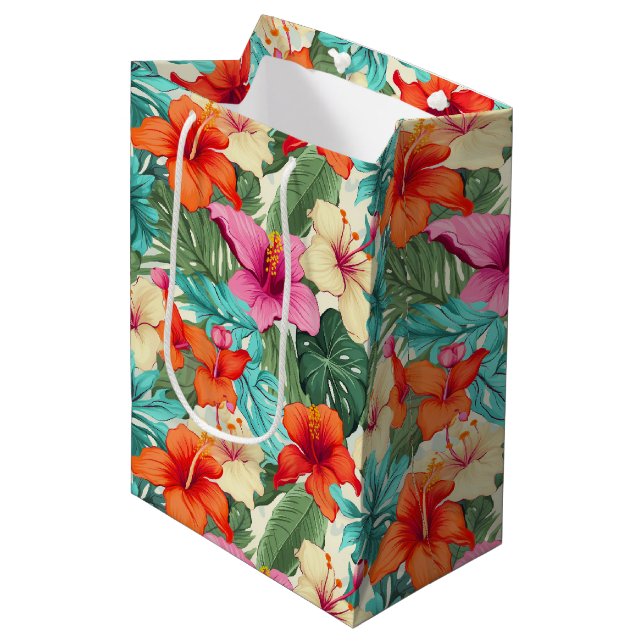 Vibrant Tropical Floral Pattern Medium Gift Bag (Front Angled)