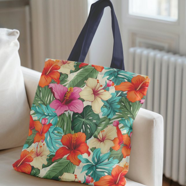 Vibrant Tropical Floral Pattern Tote Bag (Creator Uploaded)