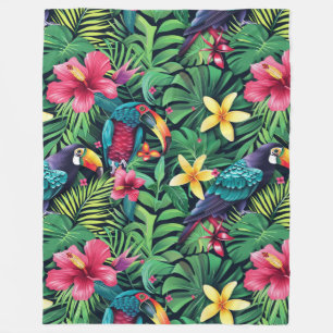 Vibrant Tropical Floral With Parrots Design Fleece Blanket