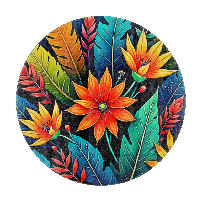 Vibrant Tropical Flower Art Cutting Board (Front)