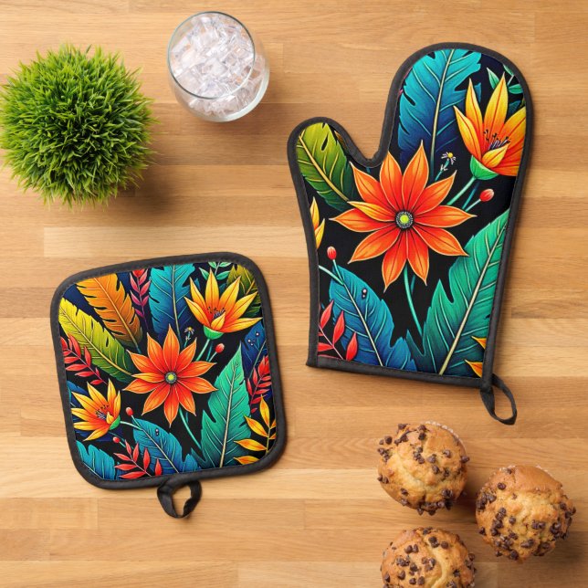 Vibrant Tropical Flower Art Oven Mitt & Pot Holder Set (Top Down)