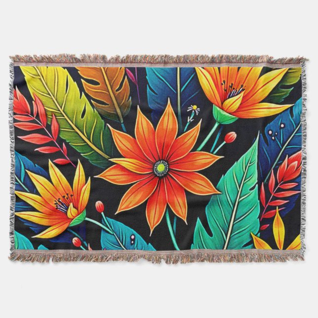 Vibrant Tropical Flower Art Throw Blanket (Front)