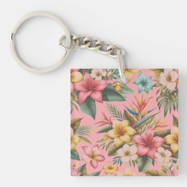 Vibrant Tropical Flower Pattern  Key Ring (Front)