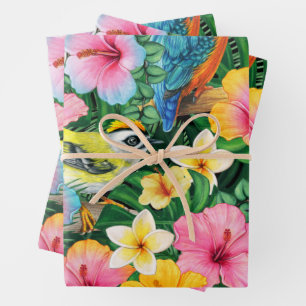 Vibrant Tropical Flowers and Birds  Wrapping Paper Sheet
