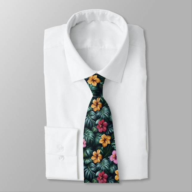 Vibrant Tropical Foliage Pattern Tie (Tied)