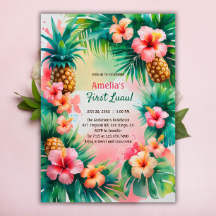 Vibrant Tropical Hawaiian First Luau 1st Birthday Invitation