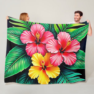 Vibrant Tropical Hibiscus Art Fleece Blanket