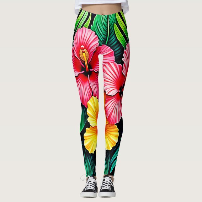 Vibrant Tropical Hibiscus Art Leggings (Front)