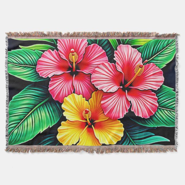 Vibrant Tropical Hibiscus Art Throw Blanket (Front)