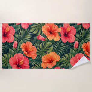 Vibrant Tropical Hibiscus Blooms Beach Towel