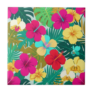 Vibrant Tropical Hibiscus Floral Pattern Ceramic Tile