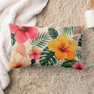 Vibrant Tropical Hibiscus Floral Seamless Pattern Lumbar Cushion