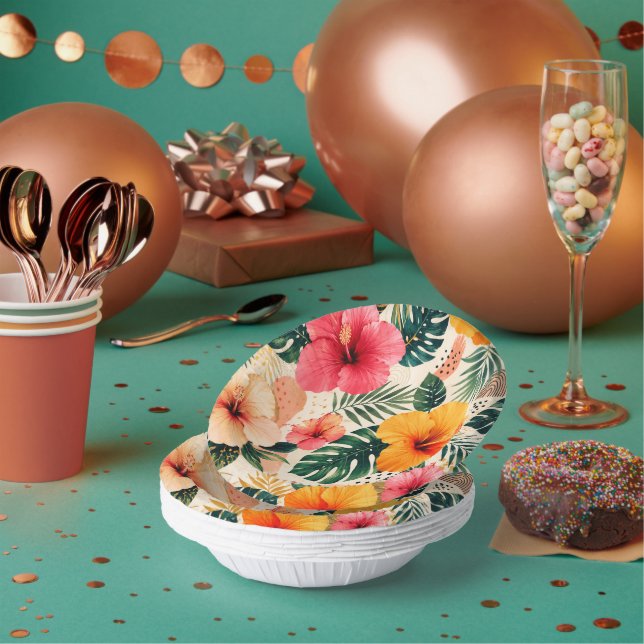 Vibrant Tropical Hibiscus Floral Seamless Pattern Paper Plate (Multi)