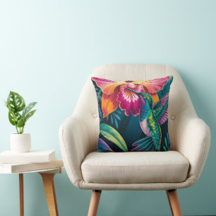 Vibrant Tropical Hummingbird and Orchid Cushion
