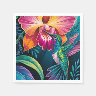 Vibrant Tropical Hummingbird and Orchid Napkin