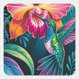 Vibrant Tropical Hummingbird and Orchid Square Sticker