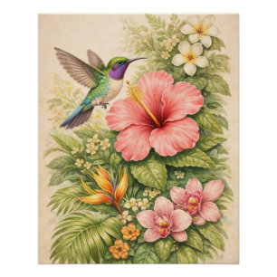 Vibrant Tropical Hummingbird Botanical Hibiscus Poster