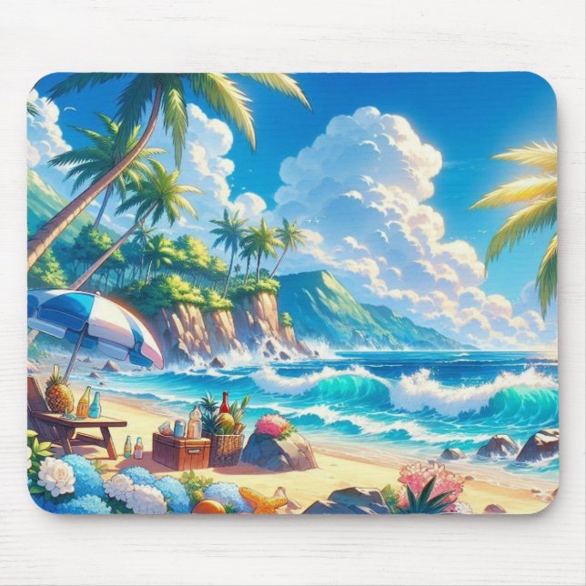 Vibrant Tropical Island Beach Watercolor Mouse Pad (Front)
