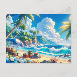 Vibrant Tropical Island Beach Watercolor Postcard