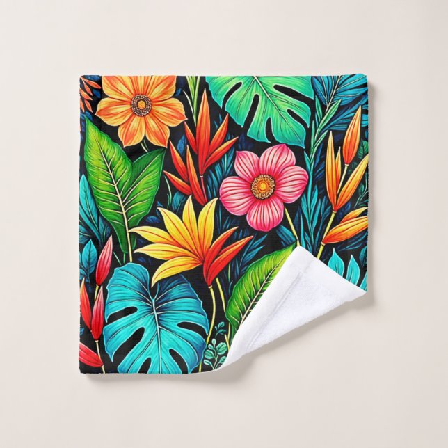 Vibrant Tropical Jungle Bloom Art Bath Towel Set (Wash Cloth)