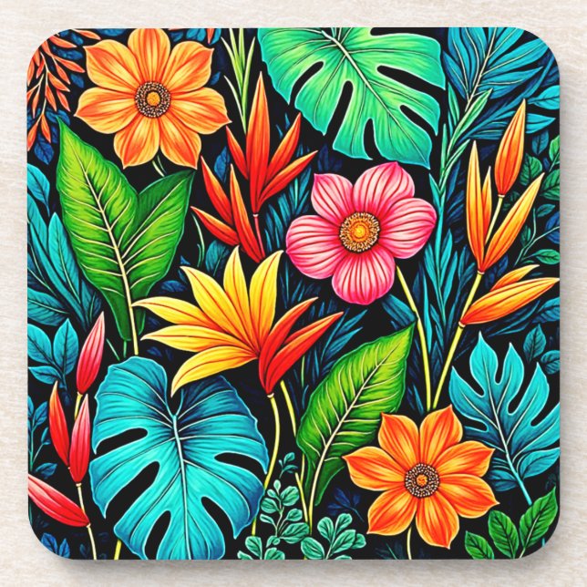 Vibrant Tropical Jungle Bloom Art Coaster (Front)