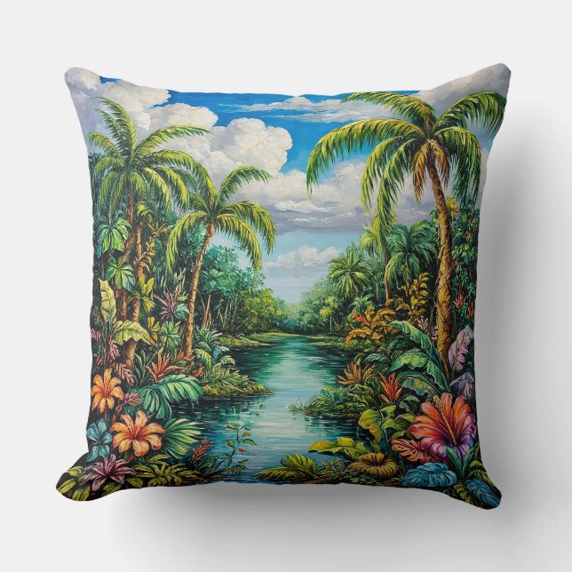 Vibrant Tropical Landscape with Palm Trees Cushion (Front)
