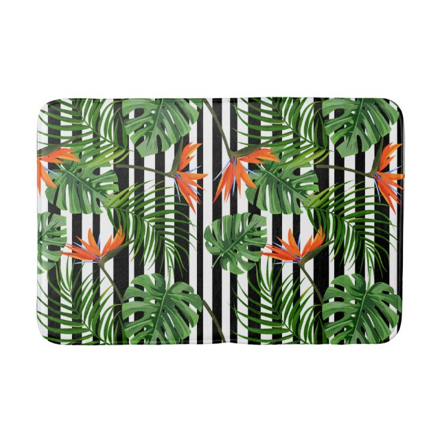 Vibrant Tropical Leaves and Flowers Design Bath Mat (Front)
