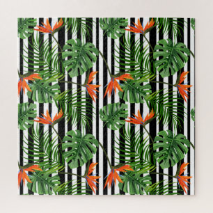 Vibrant Tropical Leaves and Flowers Design Jigsaw Puzzle
