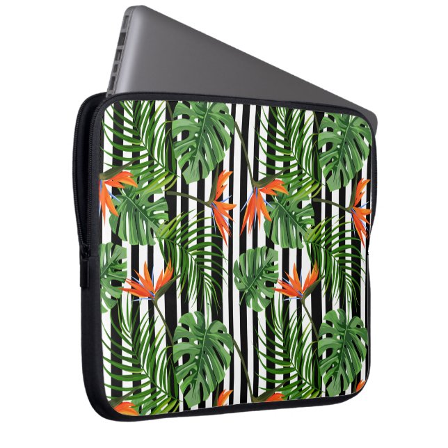 Vibrant Tropical Leaves and Flowers Design Laptop Sleeve (Front Right)