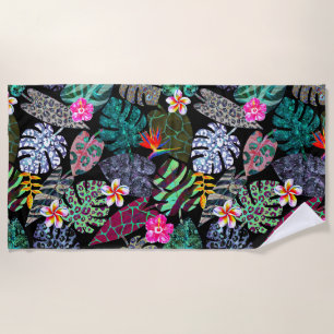 Vibrant Tropical Leaves and Flowers Pattern Beach Towel