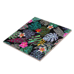 Vibrant Tropical Leaves and Flowers Pattern Ceramic Tile