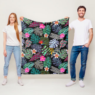 Vibrant Tropical Leaves and Flowers Pattern Fleece Blanket