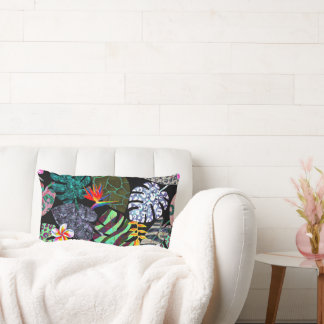 Vibrant Tropical Leaves and Flowers Pattern Lumbar Cushion