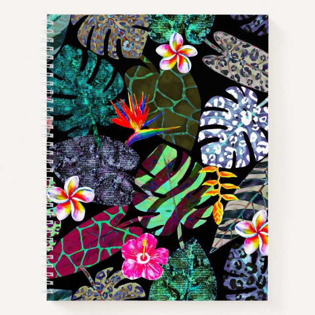 Vibrant Tropical Leaves and Flowers Pattern Notebook (Front)