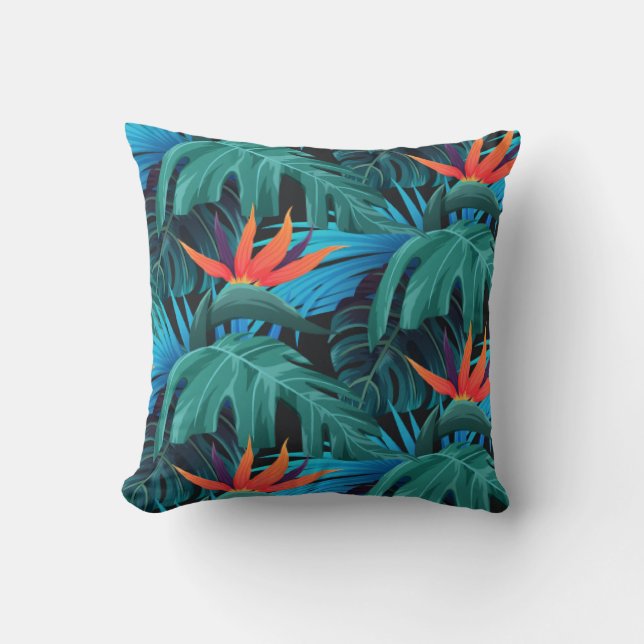 vibrant tropical leaves and orange flowers cushion (Front)