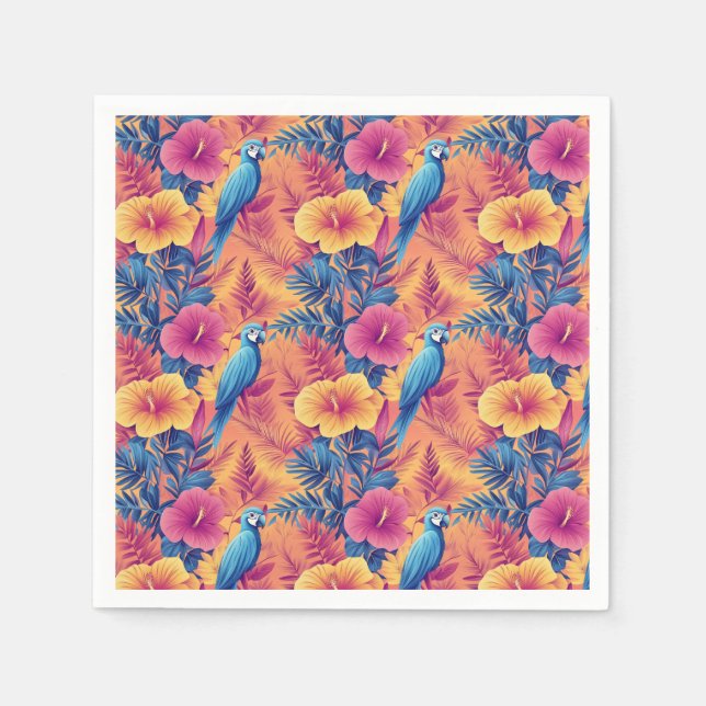 Vibrant Tropical Leaves and Parrots Summer Pattern Napkin (Front)