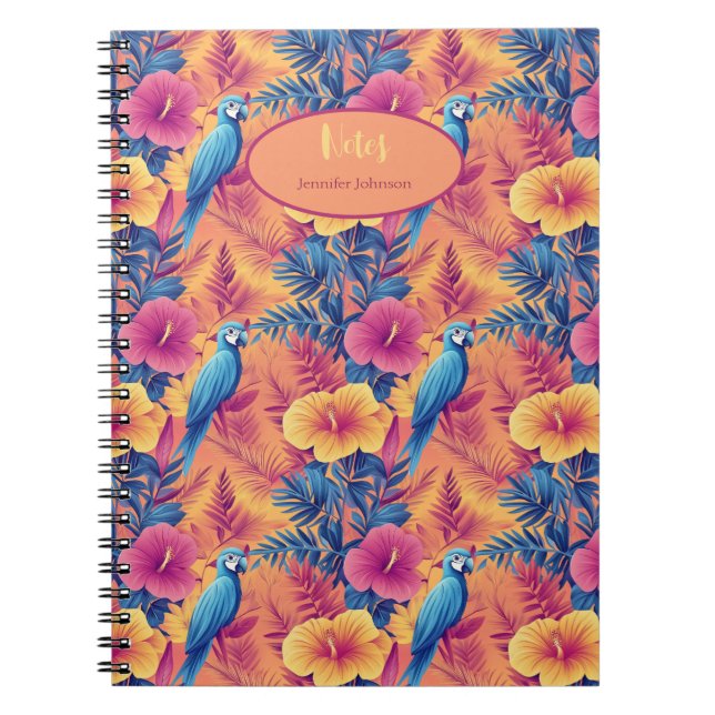 Vibrant Tropical Leaves and Parrots Summer Pattern Notebook (Front)