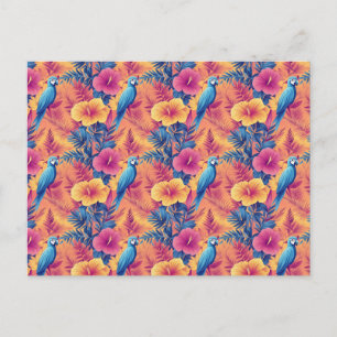Vibrant Tropical Leaves and Parrots Summer Pattern Postcard