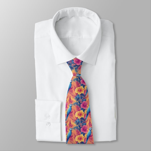 Vibrant Tropical Leaves and Parrots Summer Pattern Tie (Tied)