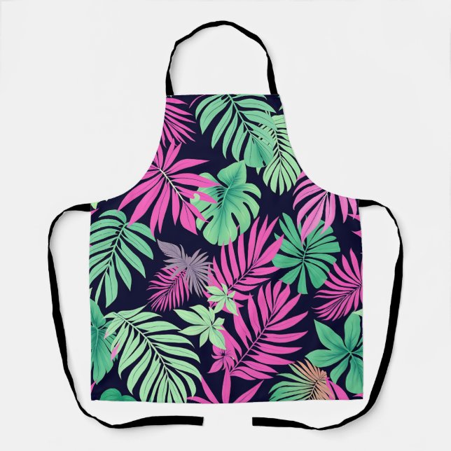 Vibrant Tropical Leaves Neon Pattern Apron (Front)
