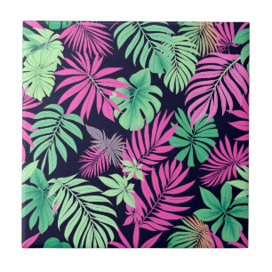 Vibrant Tropical Leaves Neon Pattern Ceramic Tile
