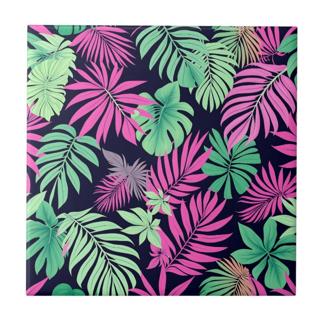 Vibrant Tropical Leaves Neon Pattern Ceramic Tile (Front)