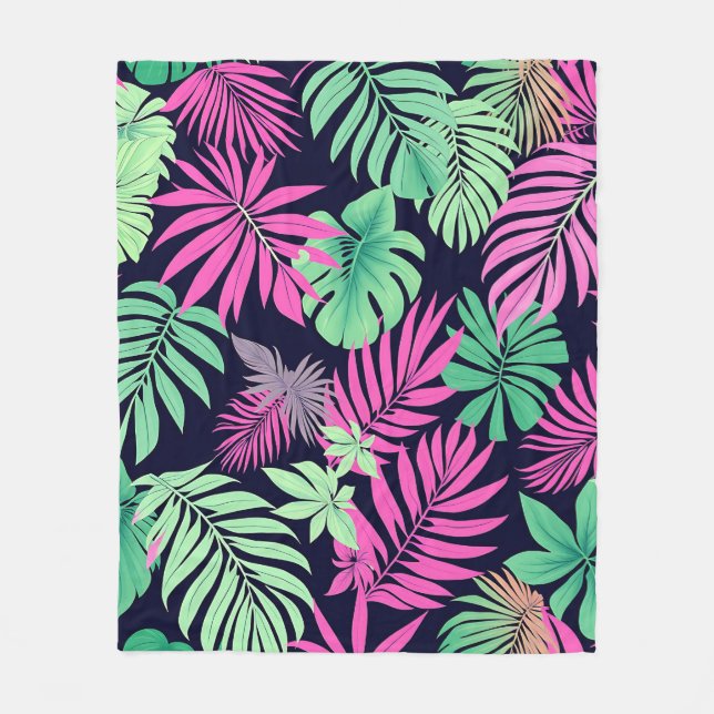 Vibrant Tropical Leaves Neon Pattern Fleece Blanket (Front)