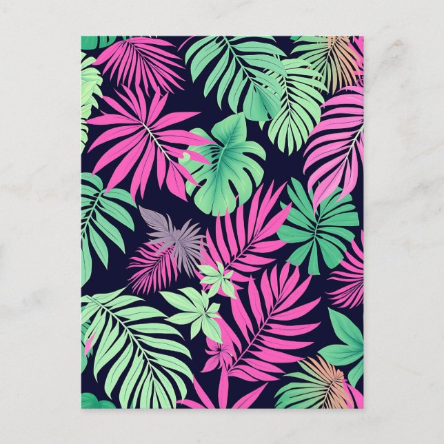 Vibrant Tropical Leaves Neon Pattern Postcard (Front)