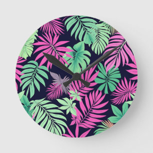 Vibrant Tropical Leaves Neon Pattern Round Clock