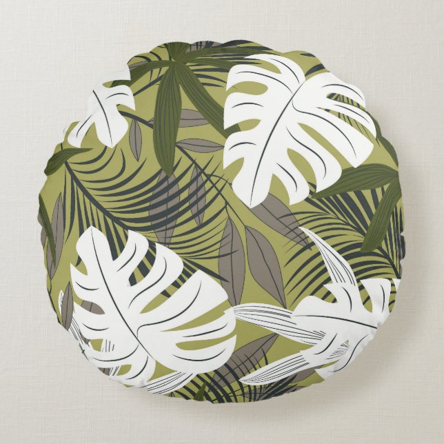 Vibrant Tropical Leaves Pattern Round Cushion (Front)