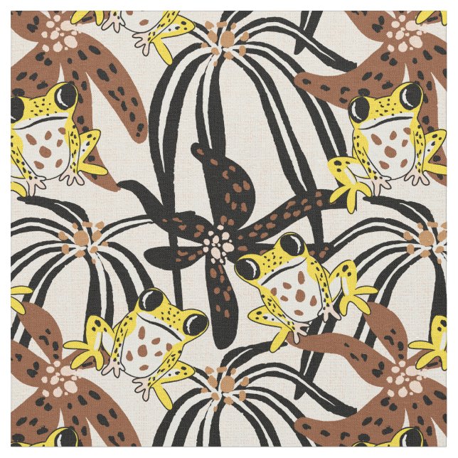 Vibrant tropical oasis exotic frog - yellow brown  fabric (Close Up)