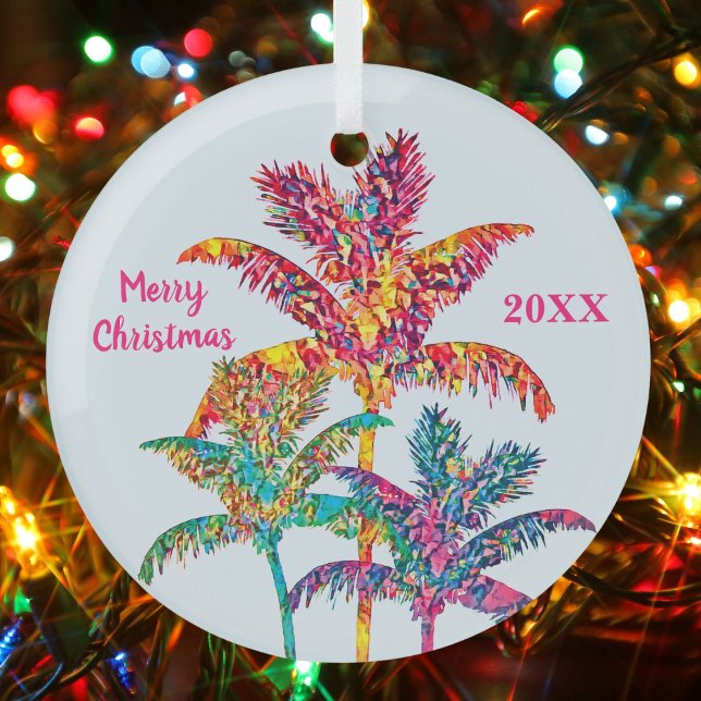 Vibrant Tropical Palm Trees Holiday Art Glass Tree Decoration (Palm Tree Pop Art Ornament)