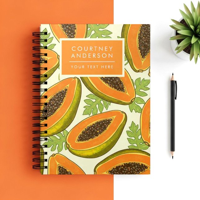 Vibrant Tropical Papaya Fruit and Leaf Pattern Notebook (Creator Uploaded)