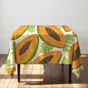 Vibrant Tropical Papaya Fruit and Leaf Pattern Tablecloth
